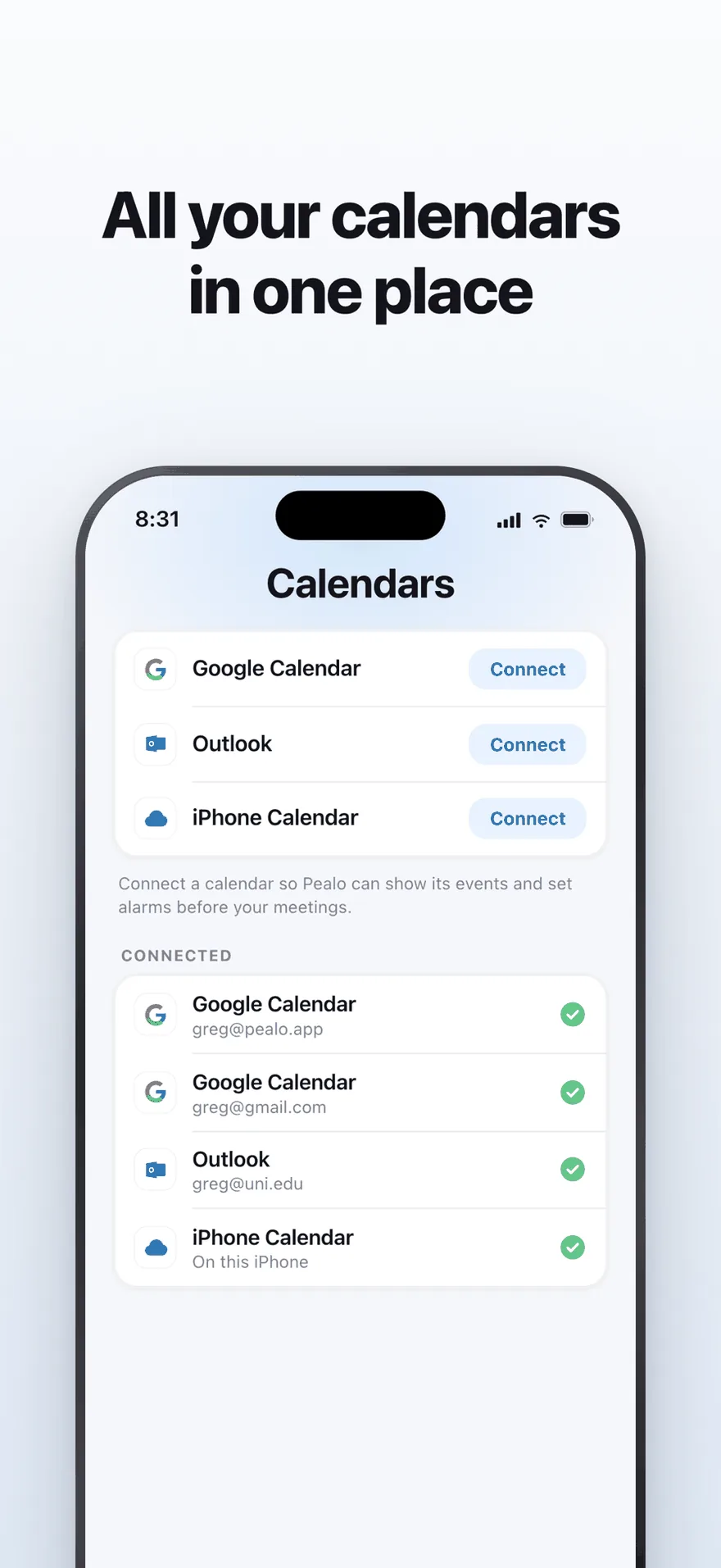 Pealo's Calendars screen on iPhone offering Google Calendar, Outlook and iPhone Calendar, with four accounts already connected.