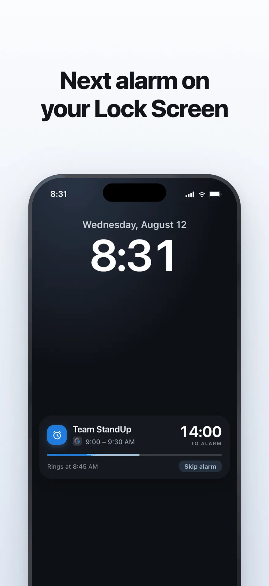 An iPhone Lock Screen showing a Pealo countdown: Team StandUp, 9:00 to 9:30 AM, 14 minutes to alarm, rings at 8:45 AM, with a Skip alarm button.